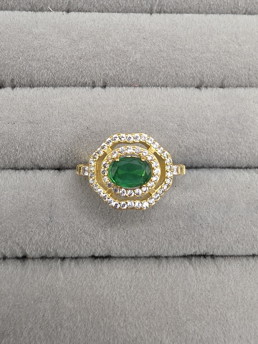 Gold-Plated Green Halo Ring Size 5 1/2 with Cubic Zirconia Accents
